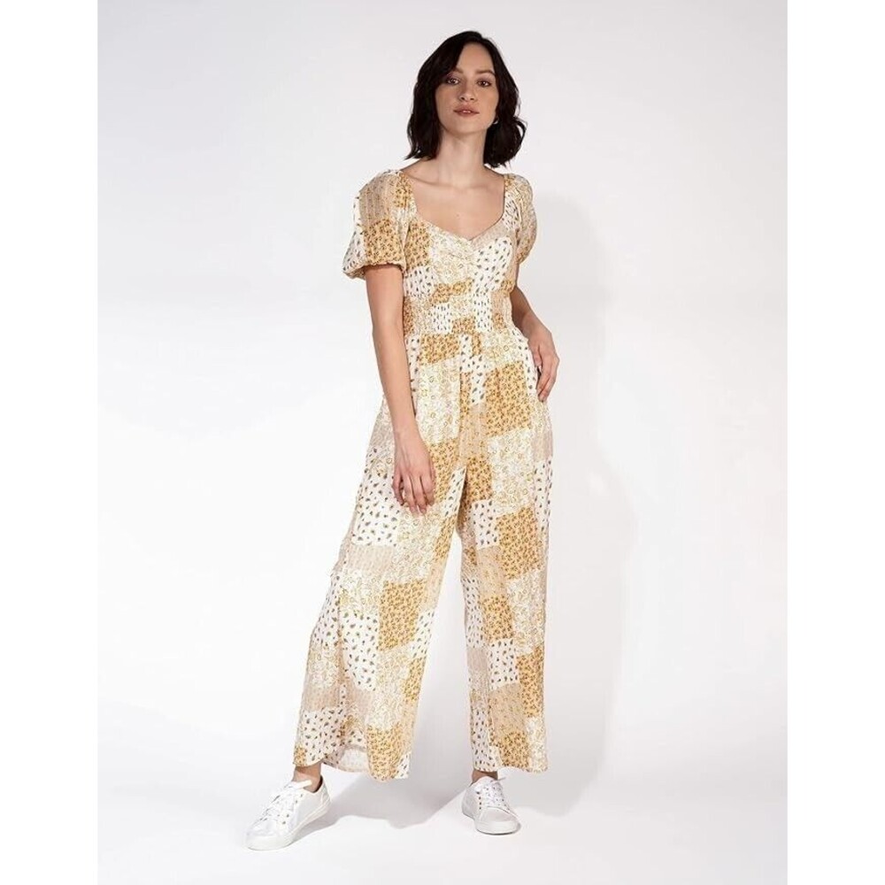 AMERICAN EAGLE Floral Paisley Patchwork Jumpsuit S Wide Leg Puff Sleeve NEW B82